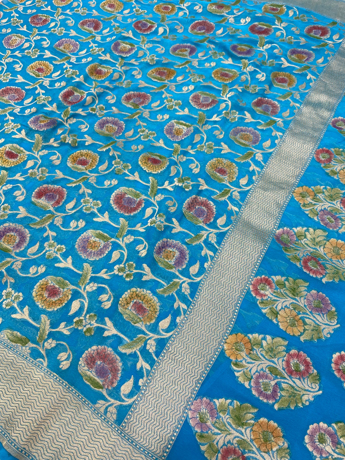 Sky Blue Khaddi Georgette Handloom Banarasi Saree