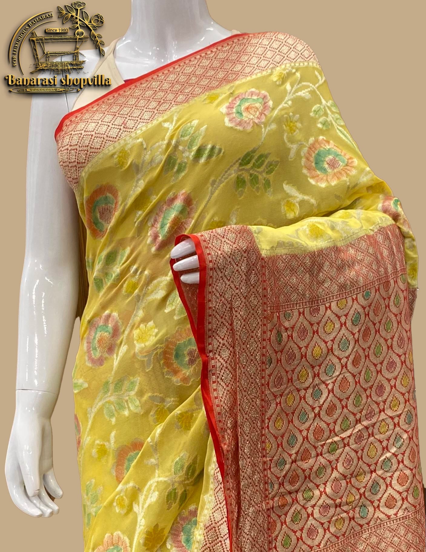 Yellow Khaddi Georgette Handloom Banarasi Saree