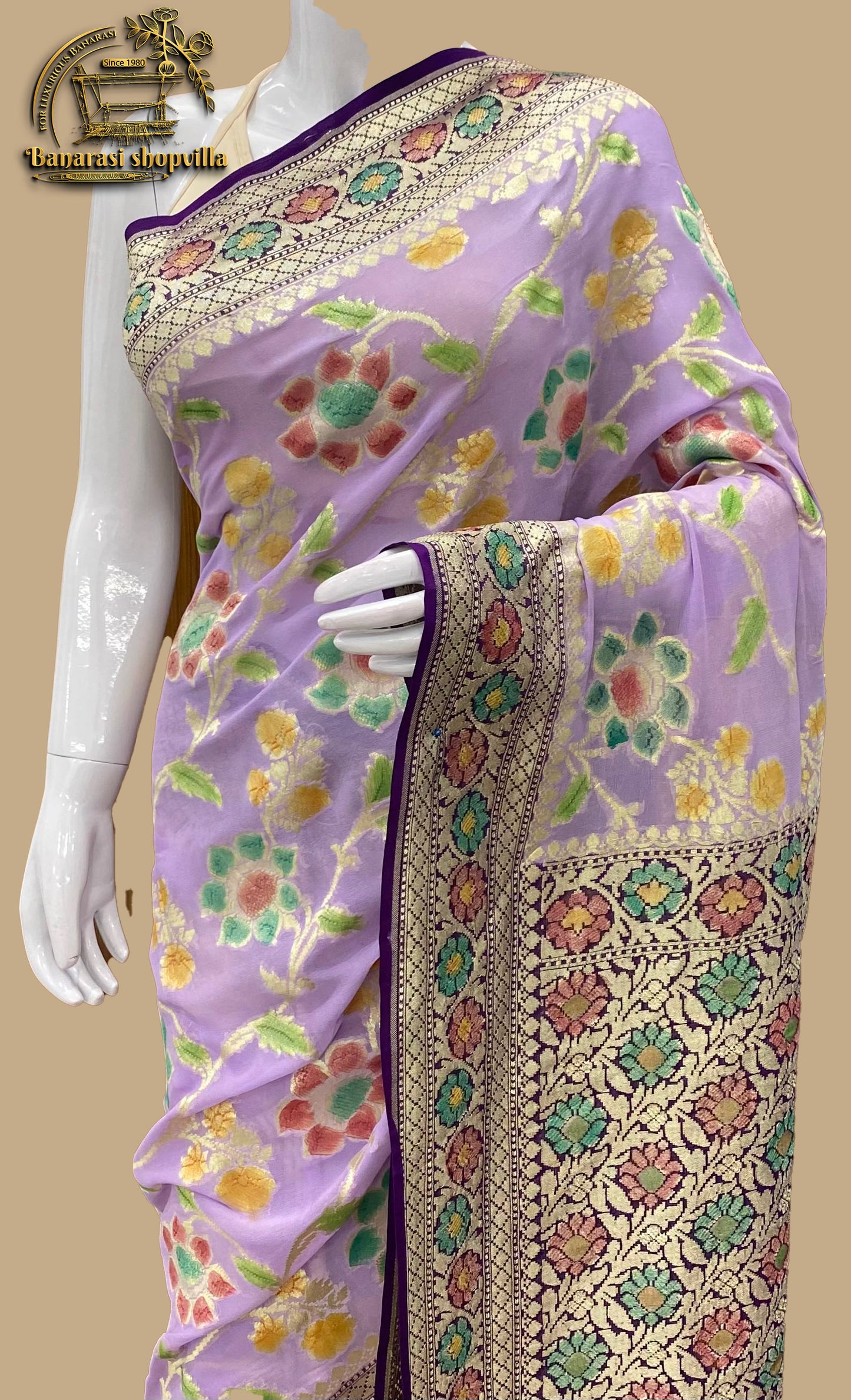 Light Shade Lavender Khaddi Georgette Handloom Banarasi Saree