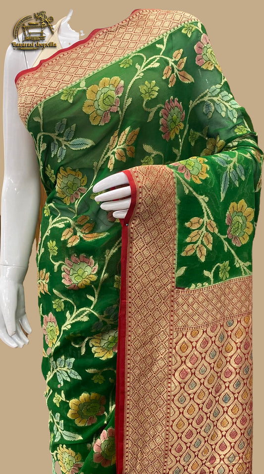 Red & Green Khaddi Georgette Handloom Banarasi Saree