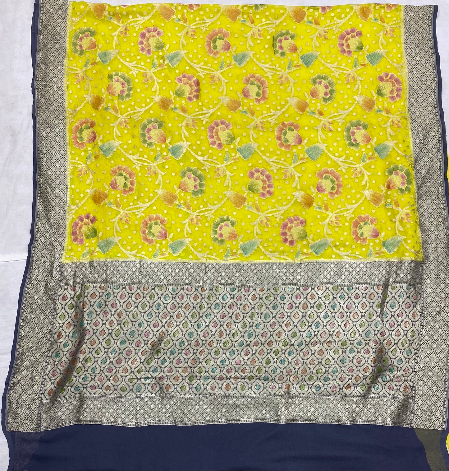 Yellow & Gray Khaddi Georgette Handloom Banarasi Saree