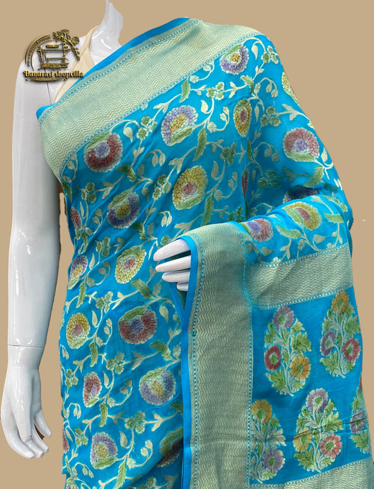 Sky Blue Khaddi Georgette Handloom Banarasi Saree