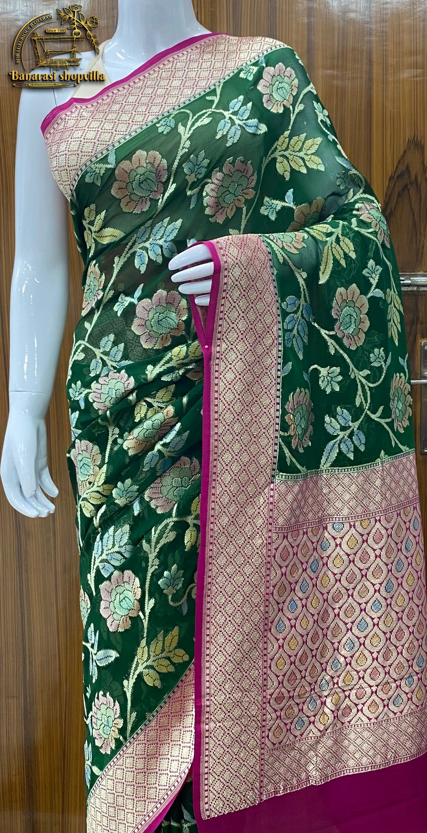 Dark Green Khaddi Georgette Handloom Banarasi Saree