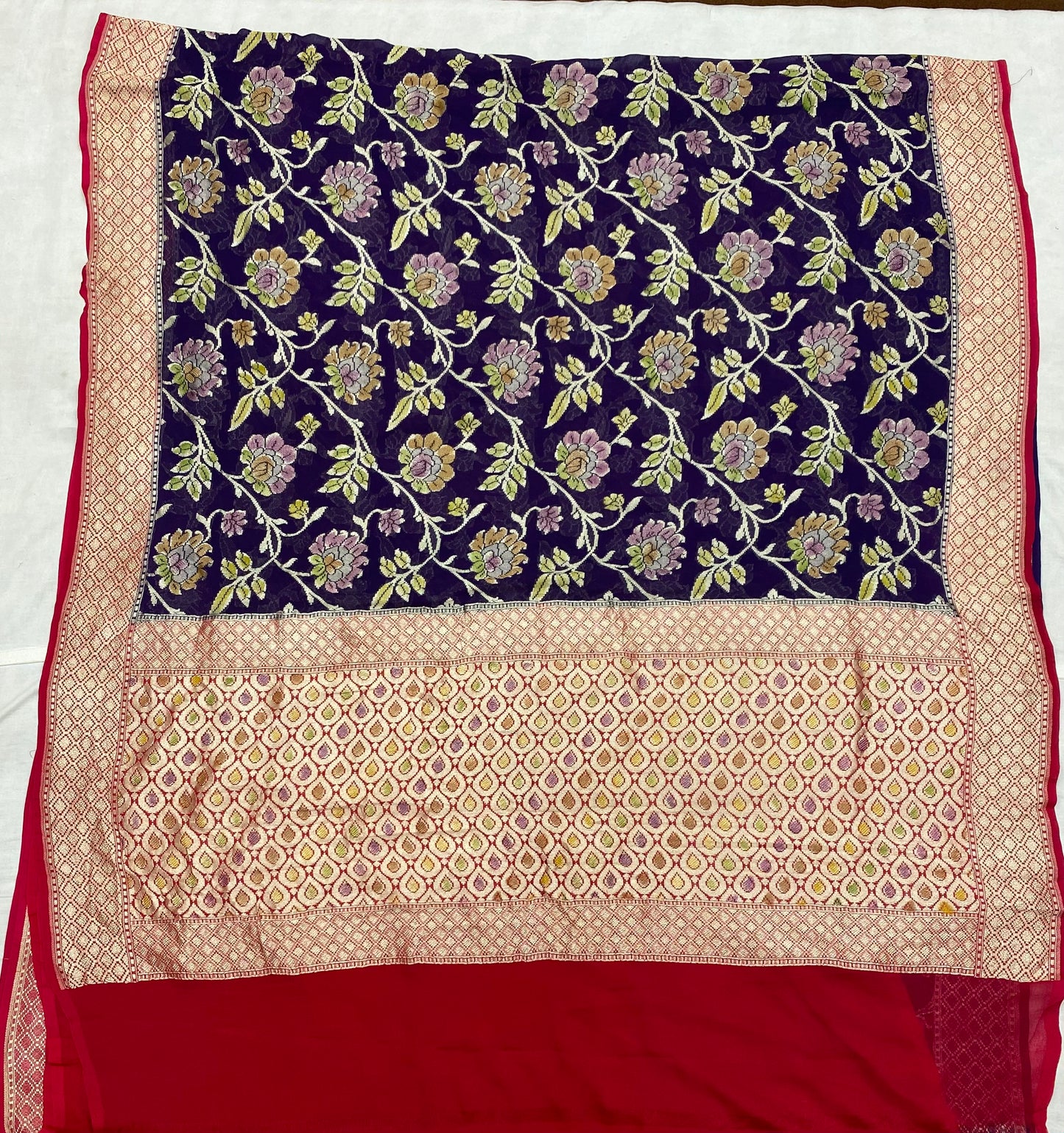 Red & Purpel Khaddi Georgette Handloom Banarasi Saree