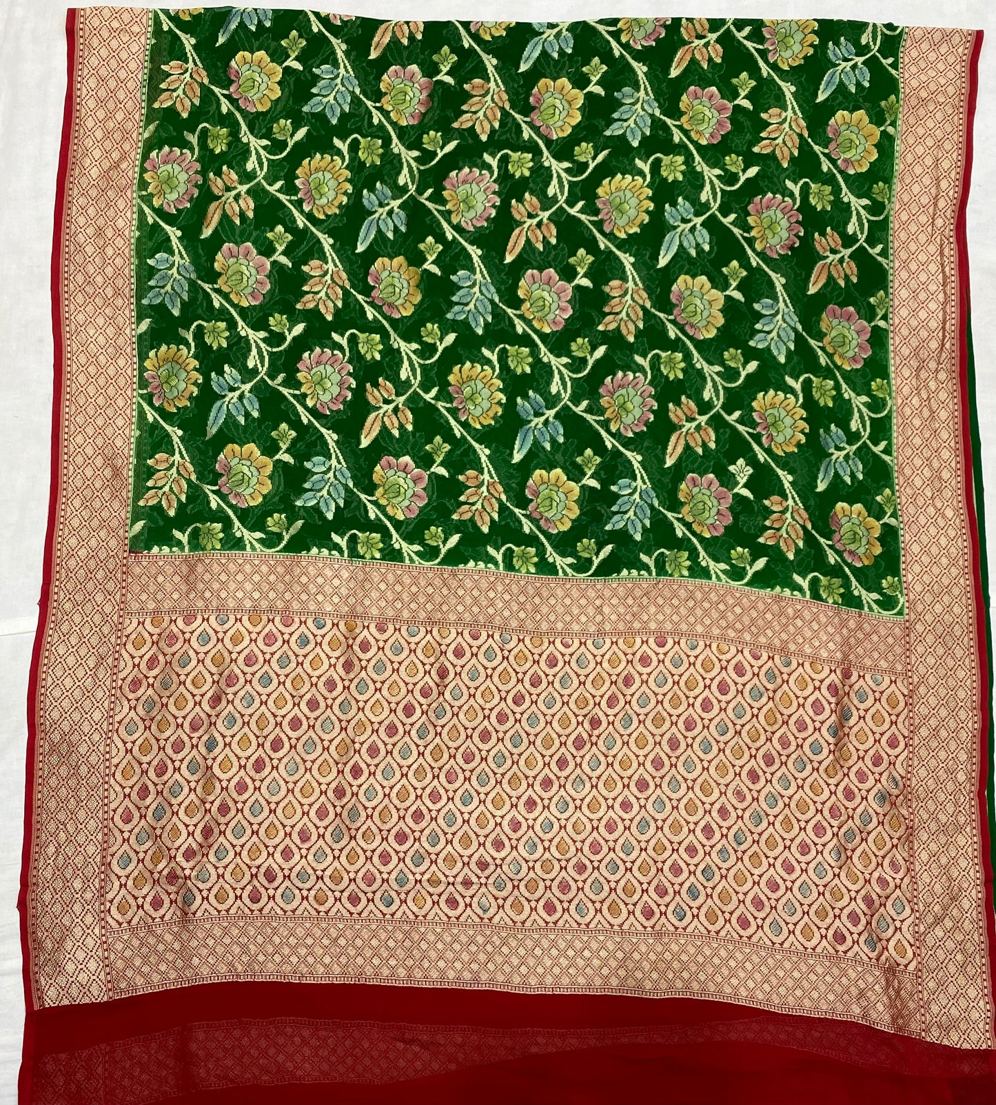 Red & Green Khaddi Georgette Handloom Banarasi Saree