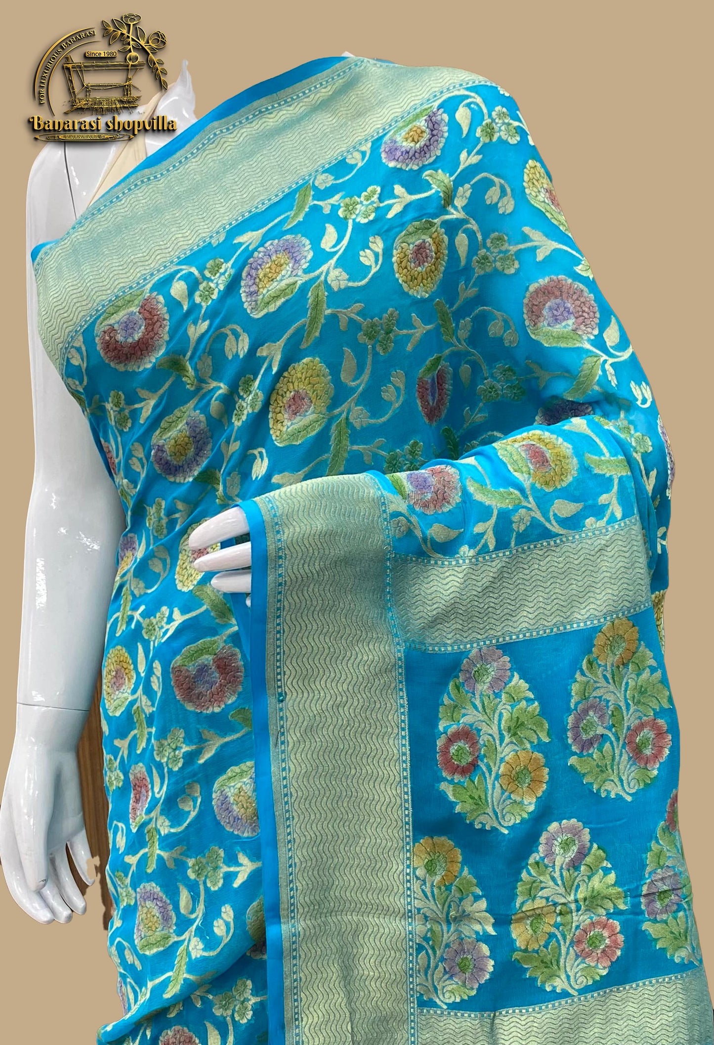 Sky Blue Khaddi Georgette Handloom Banarasi Saree