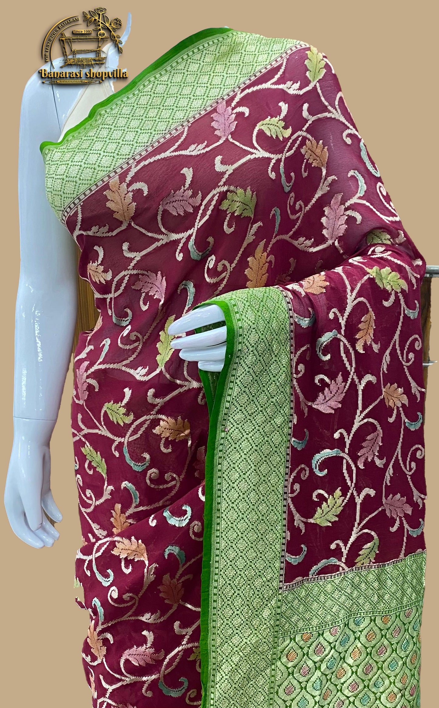 Maron & Green Khaddi Georgette Handloom Banarasi Saree