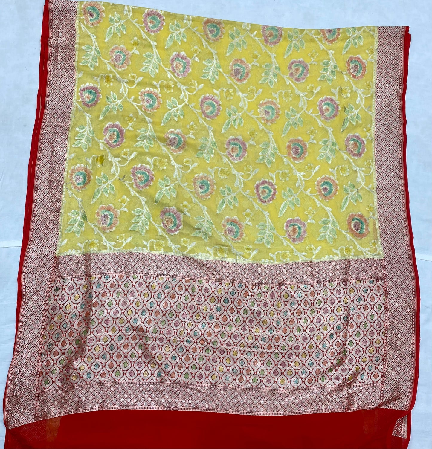 Yellow Khaddi Georgette Handloom Banarasi Saree