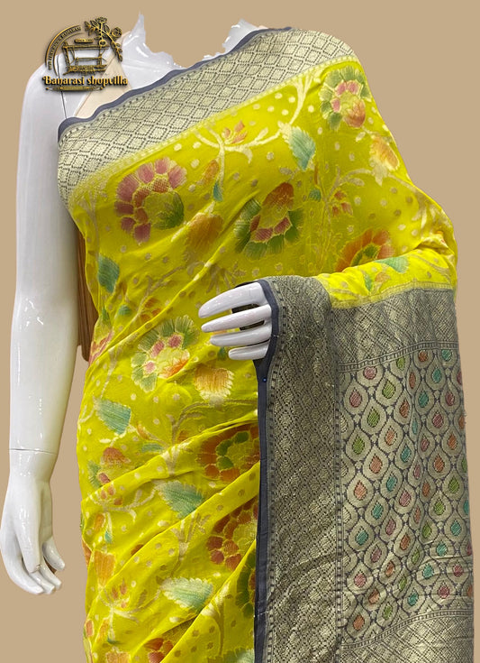 Yellow & Gray Khaddi Georgette Handloom Banarasi Saree