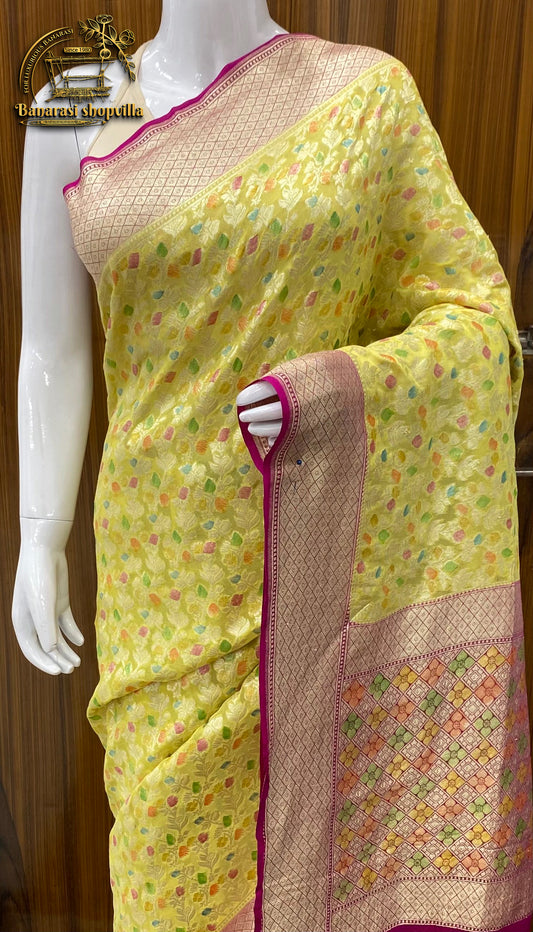 Yellow & Rani Khaddi Georgette Handloom Banarasi Saree