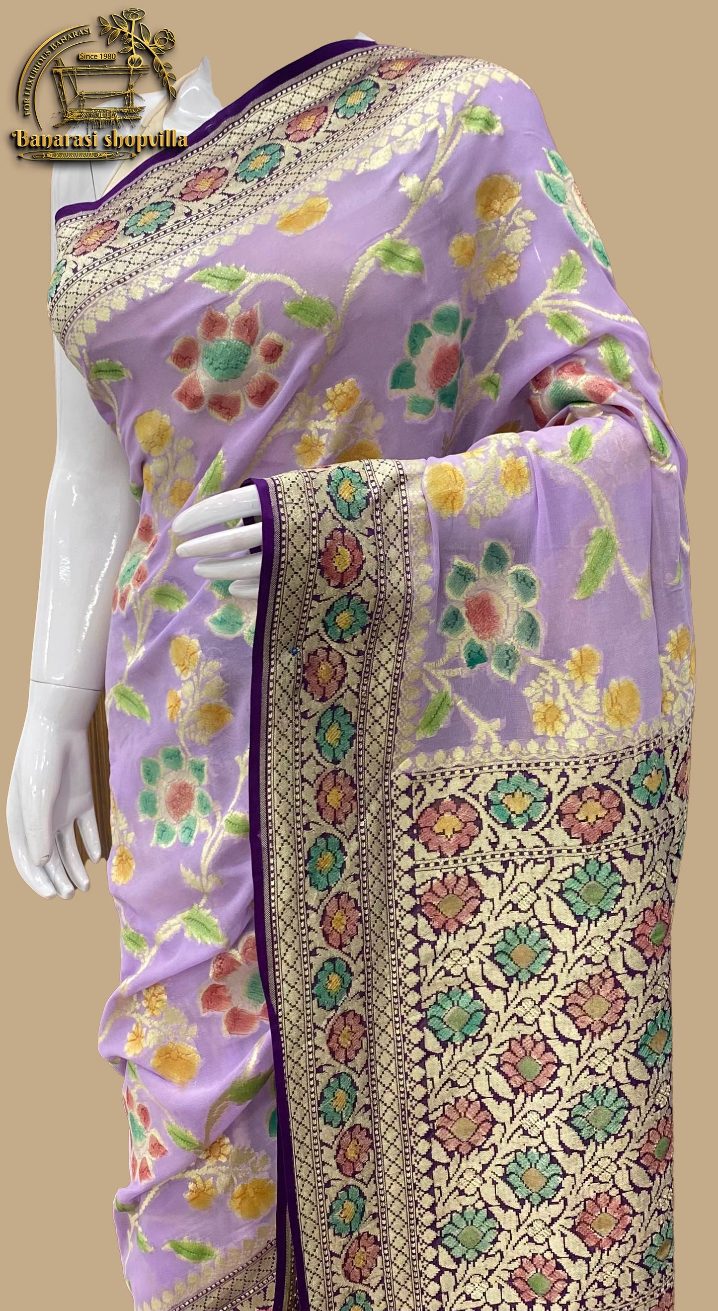 Light Shade Lavender Khaddi Georgette Handloom Banarasi Saree