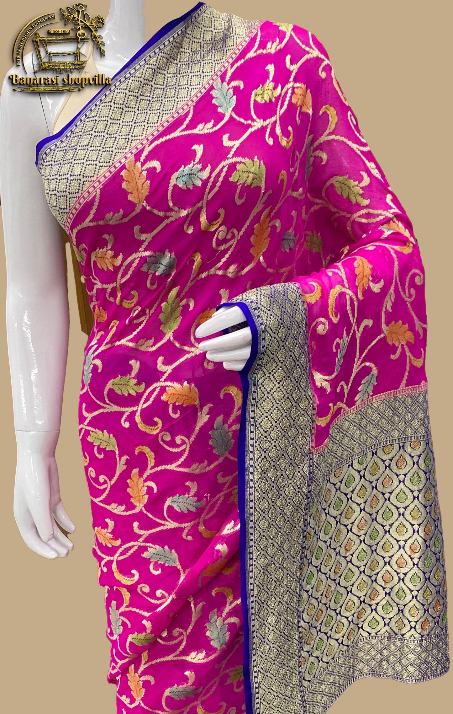 Rani & Blue Khaddi Georgette Handloom Banarasi Saree