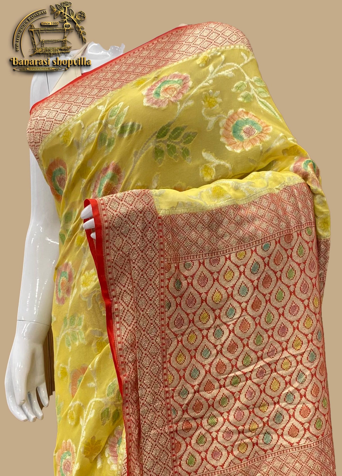 Yellow Khaddi Georgette Handloom Banarasi Saree