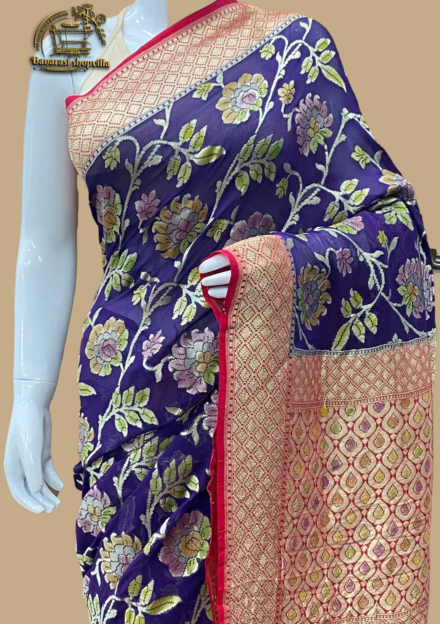 Red & Purpel Khaddi Georgette Handloom Banarasi Saree