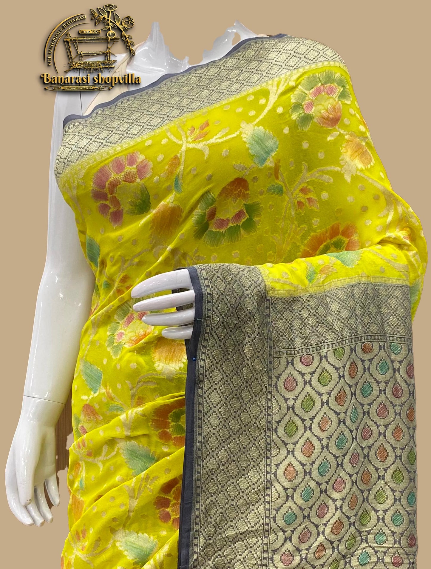 Yellow & Gray Khaddi Georgette Handloom Banarasi Saree