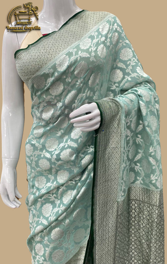 Khaddi Georgette Handloom Banarasi Saree Colour Bottle Green