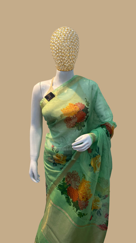 A Green  Organza Digital Print Banarasi Saree