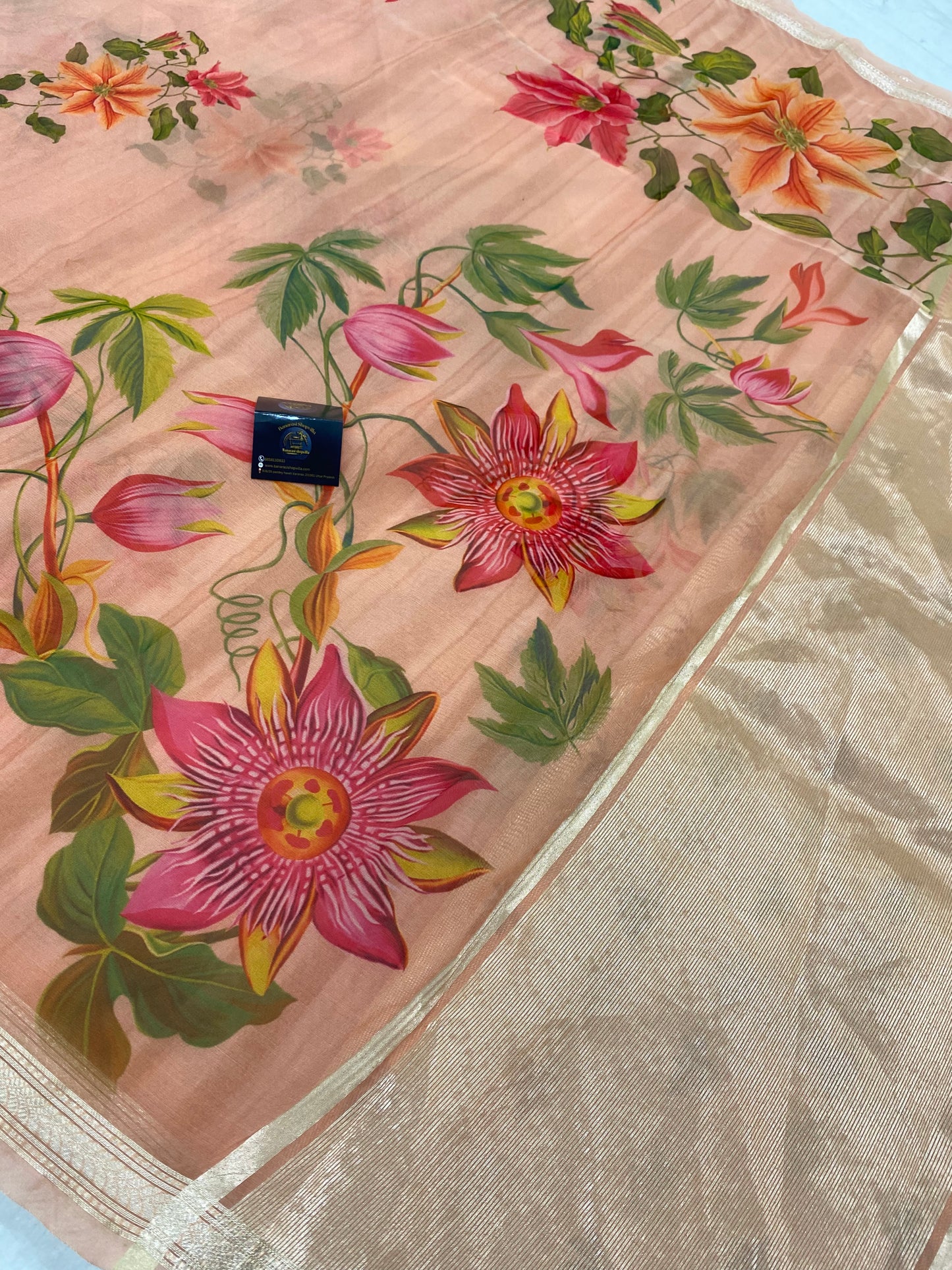 A Peach Organza Digital Print Banarasi Saree