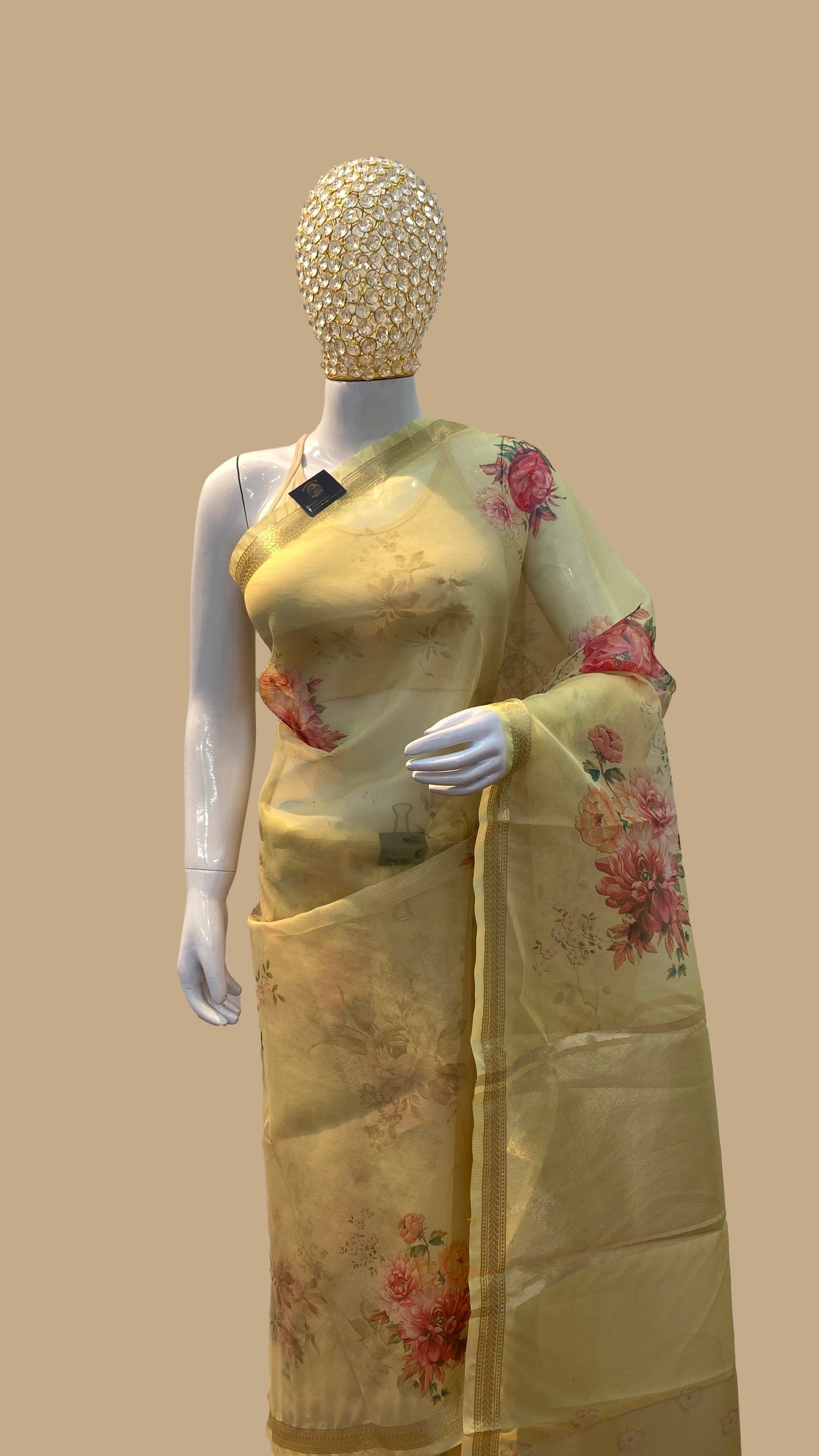 Yellow Organza Digital Print Banarasi Saree