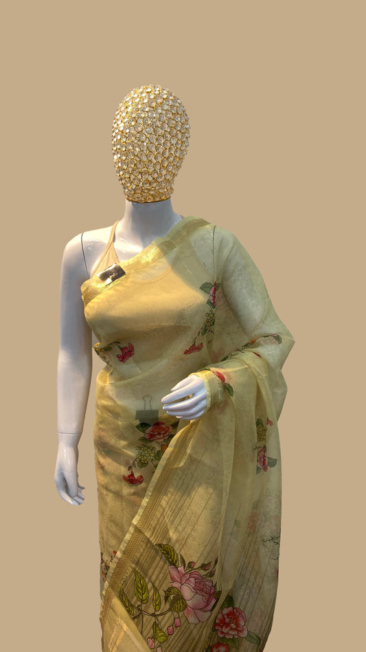 A Yellow Organza Digital Print Banarasi Saree