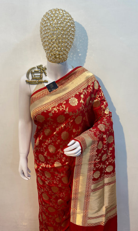 Red Pure Katan Silk Banarasi Handloom Saree - All over Jaal work