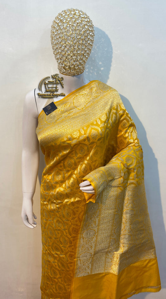 Yellow Pure Katan Silk Banarasi Handloom Saree - All over Jaal work