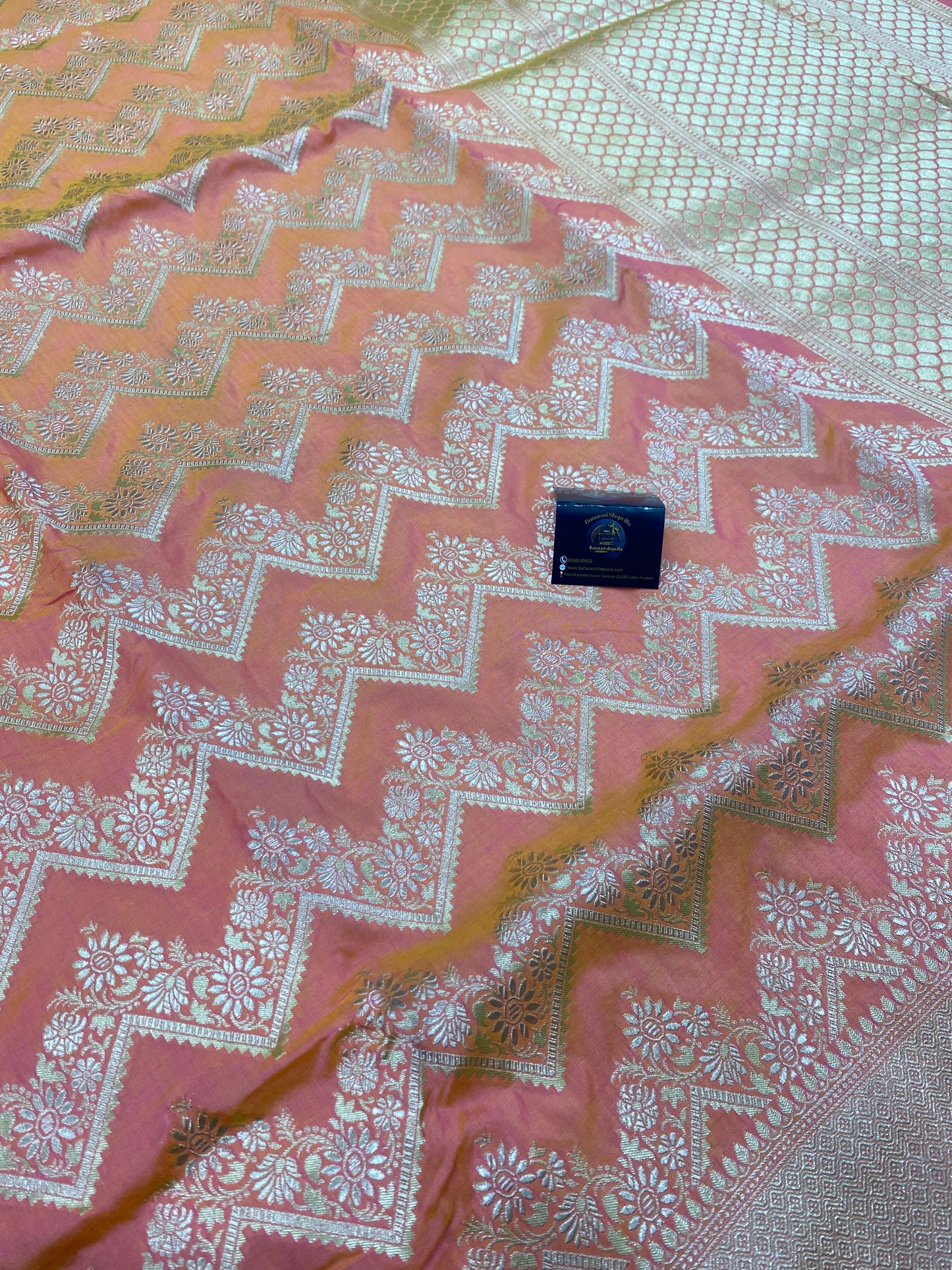 Peach Pure Katan Silk Banarasi Handloom Saree - All over Jaal work